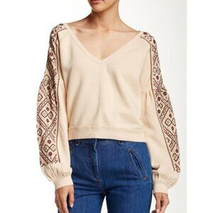 Free People Sweatshirt senorita crop pullover embroidered womens Cream (xsmall)